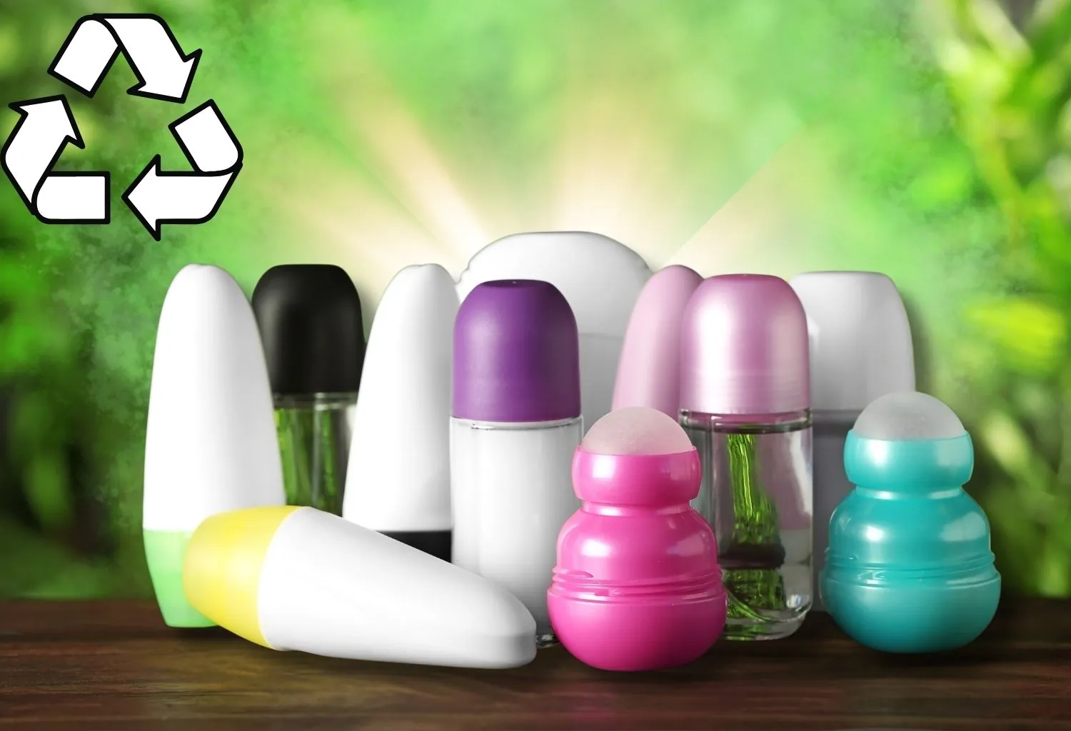 Envases cosméticos tipo roll-on reutilizables y reciclables sobre fondo verde que representa la sostenibilidad en la industria de la belleza.
