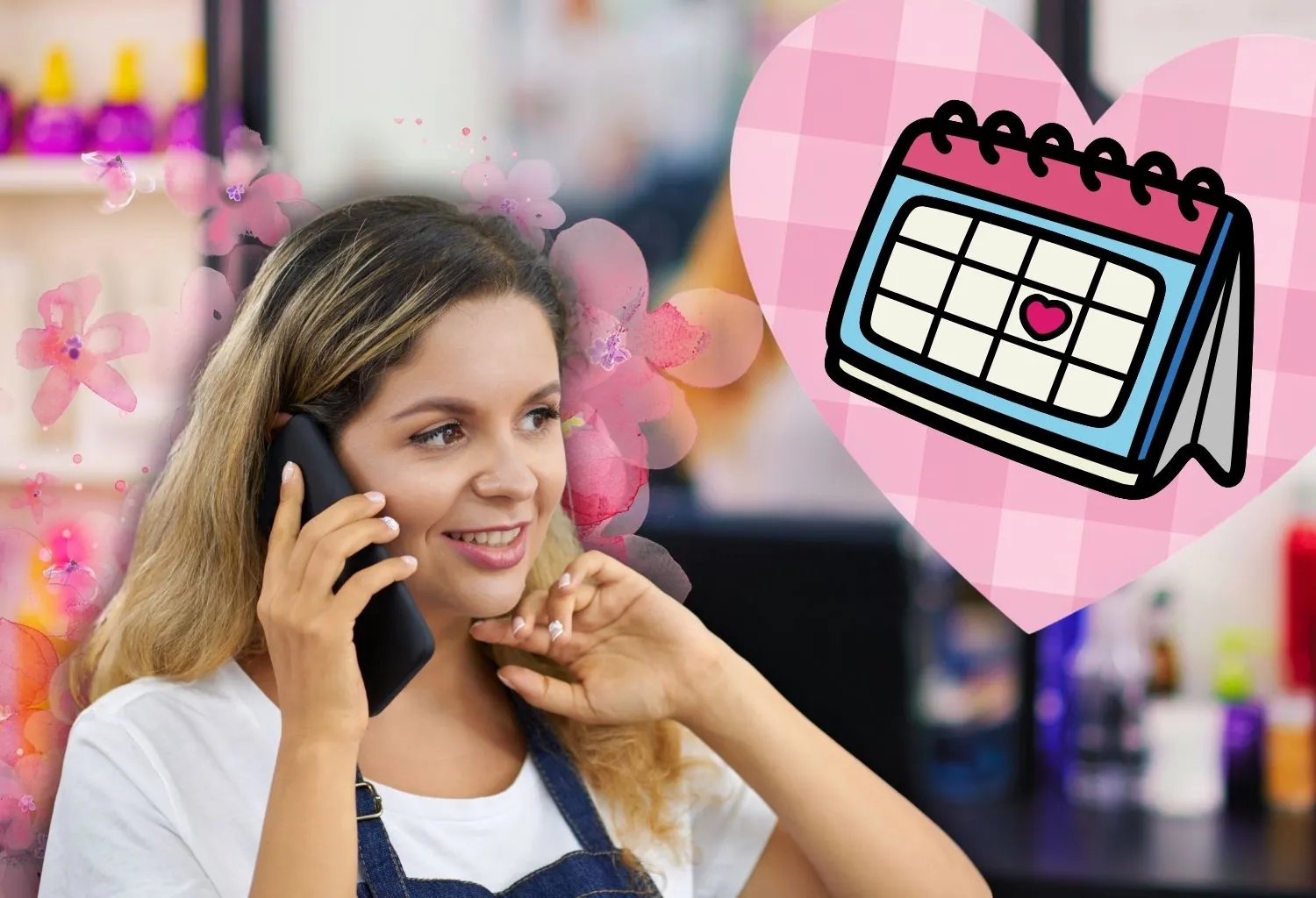 Profesional de salón de belleza gestionando reservas por teléfono junto a un icono de calendario digital.