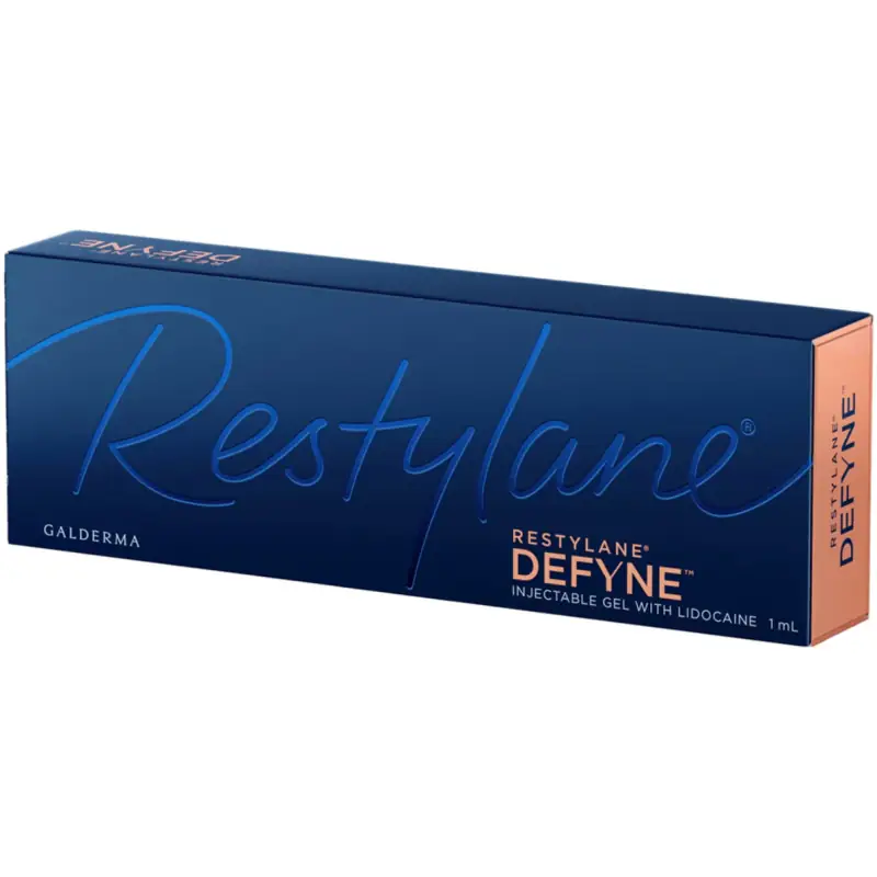 Caja de Restylane Defyne utilizada en tratamientos de ácido hialurónico facial