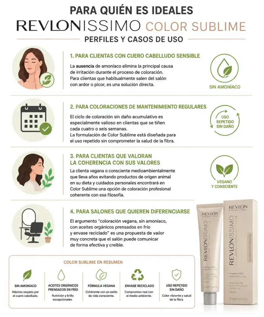 Infografía sobre los perfiles ideales para usar Revlonissimo Color Sublime, coloración vegana sin amoníaco con aceites orgánicos prensados en frío.