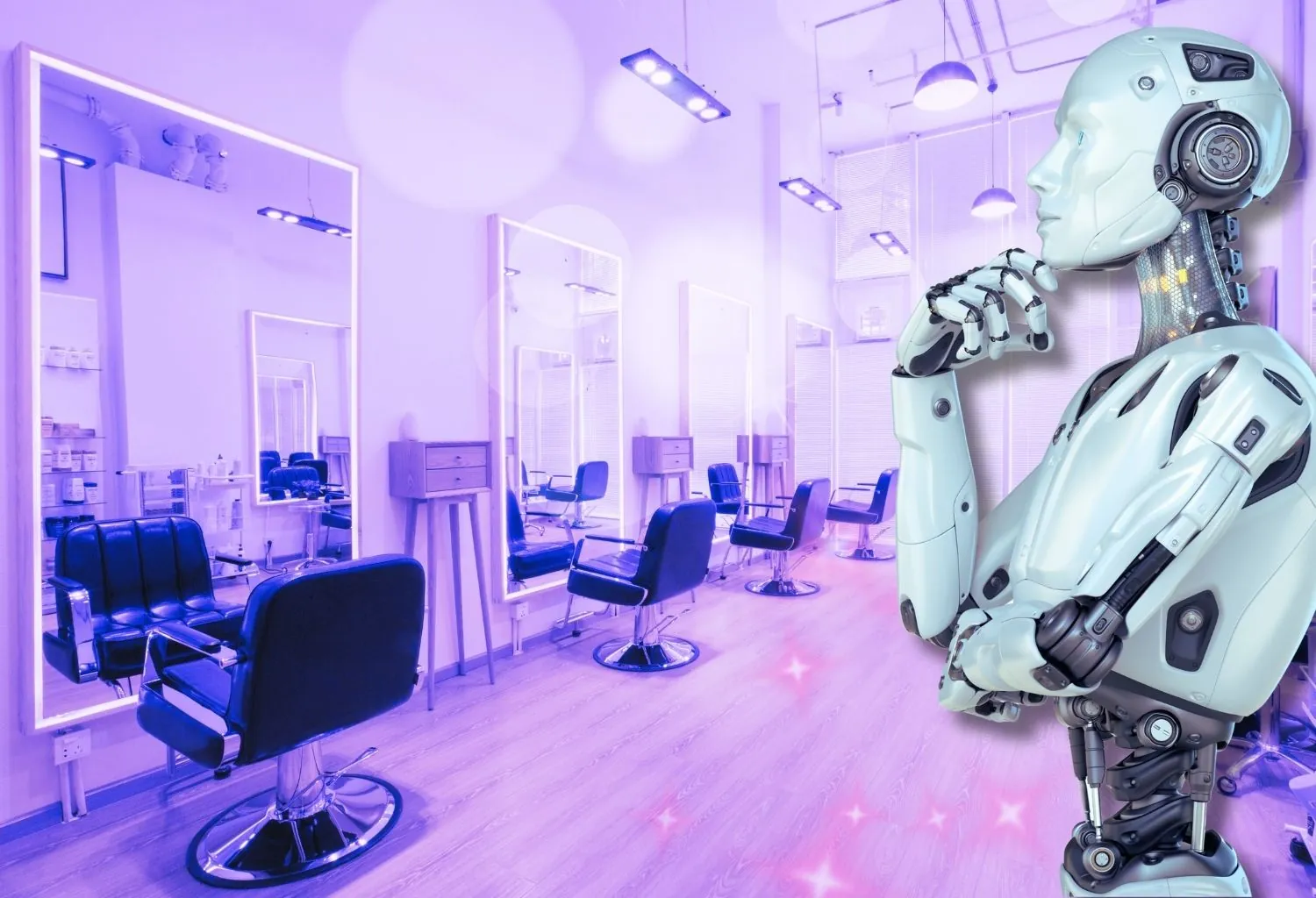 Robot humanoide en un salón de peluquería moderno que simboliza la integración de inteligencia artificial en el sector beauty.