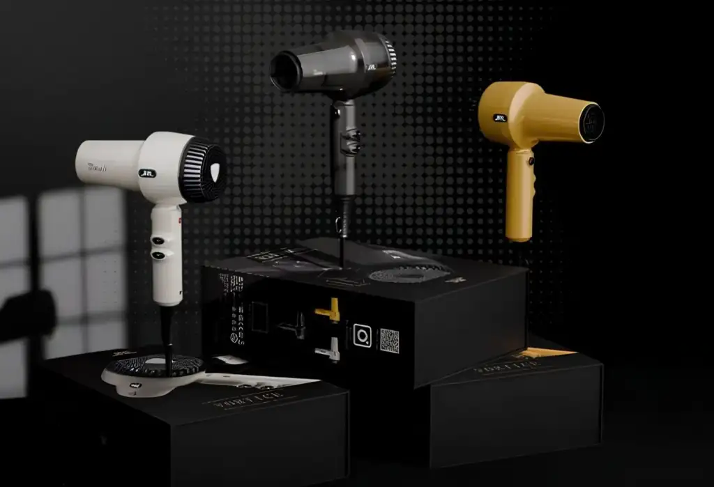 Gama de secadores profesionales JRL Vórtice en colores blanco, negro y dorado para peluquería
