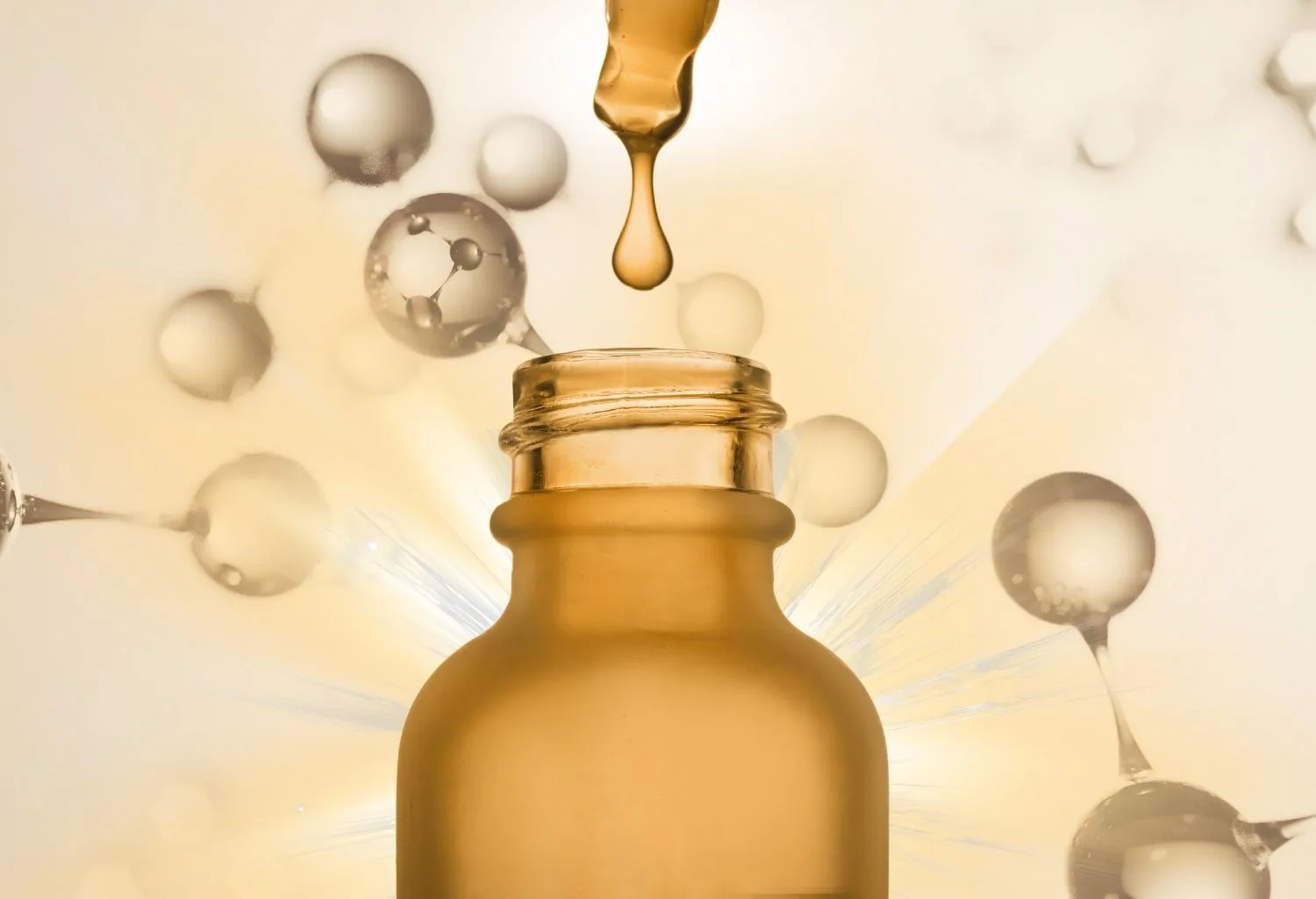 Frasco de sérum cosmético con gotero y representación visual de péptidos biomiméticos y moléculas activas.