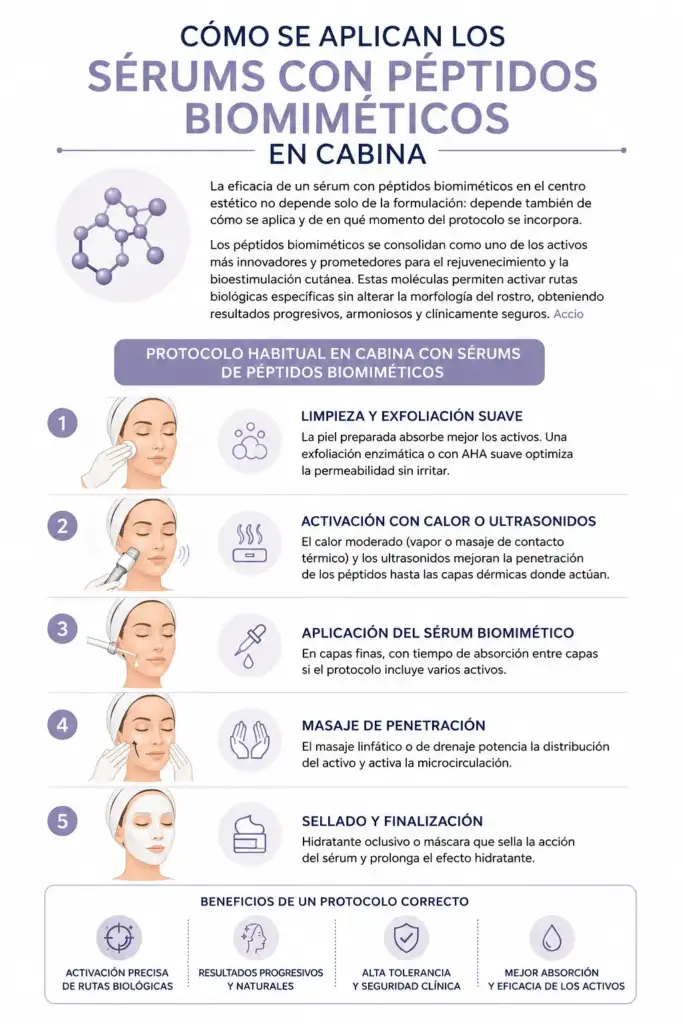 Cómo se aplican los sérums con péptidos biomiméticos en cabina Infografía profesional sobre la aplicación de sérums con péptidos biomiméticos en tratamientos faciales estéticos.
