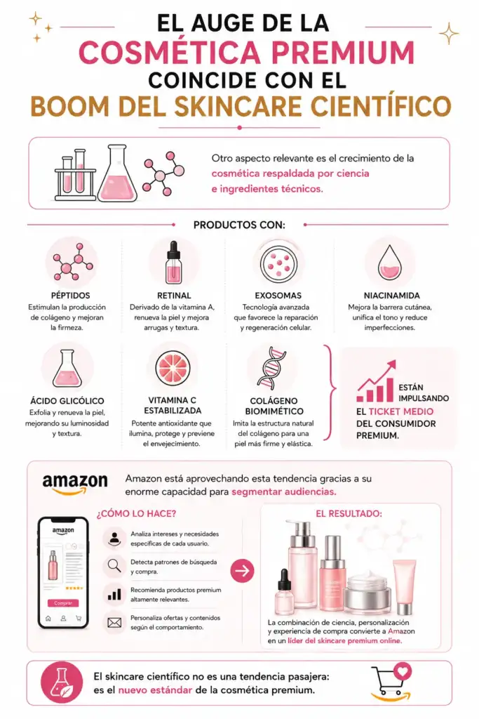 Infografía sobre el crecimiento del skincare científico premium y los ingredientes cosméticos avanzados que impulsan el mercado beauty online.
