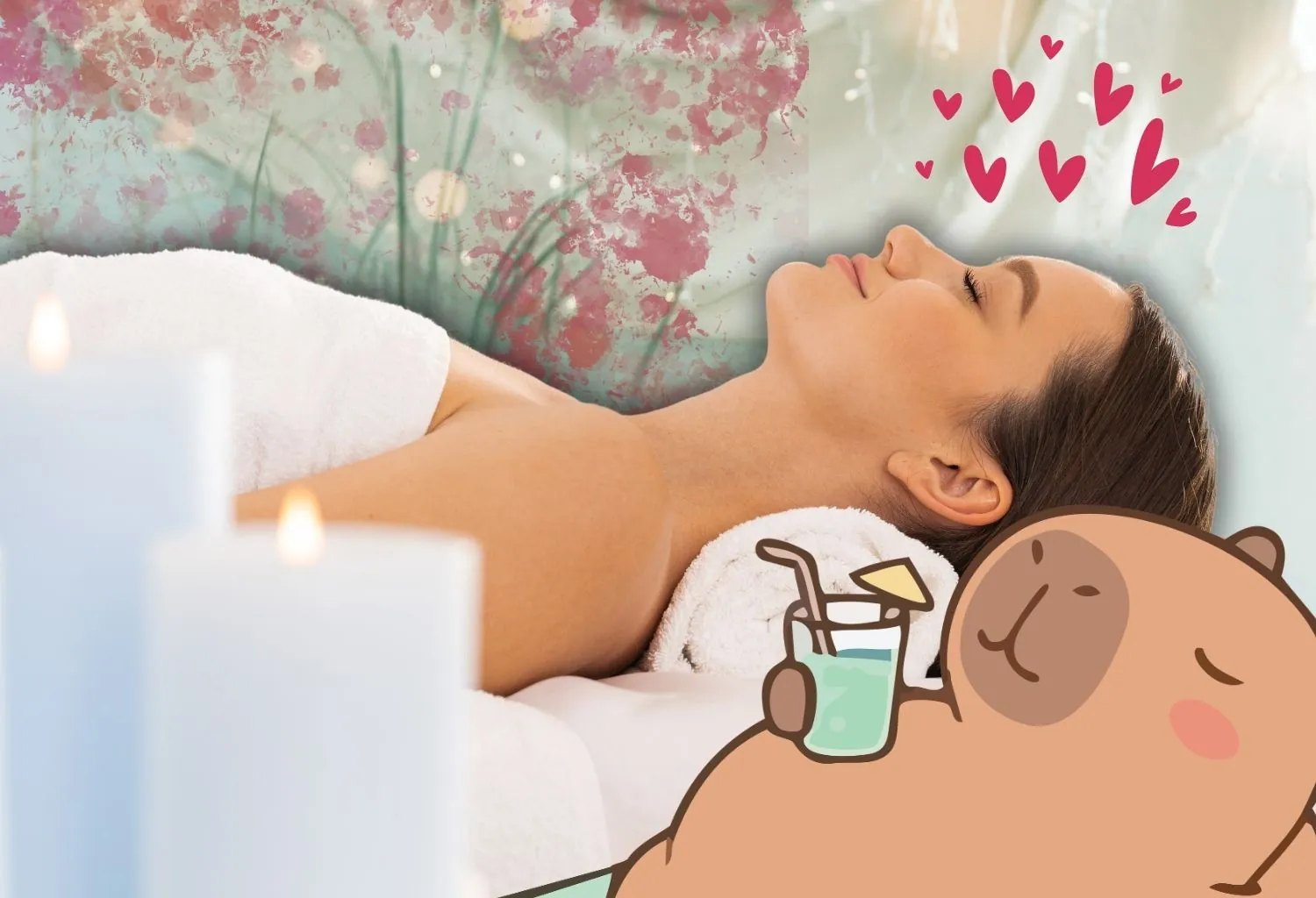 Mujer recibiendo tratamiento facial relajante en spa con velas y ambiente de bienestar
