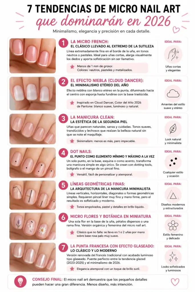 Infografía sobre las principales tendencias de micro nail art para 2026, incluyendo micro french, efecto niebla Cloud Dancer, manicura clean, dot nails, líneas geométricas, micro flores y punta francesa glaseada.