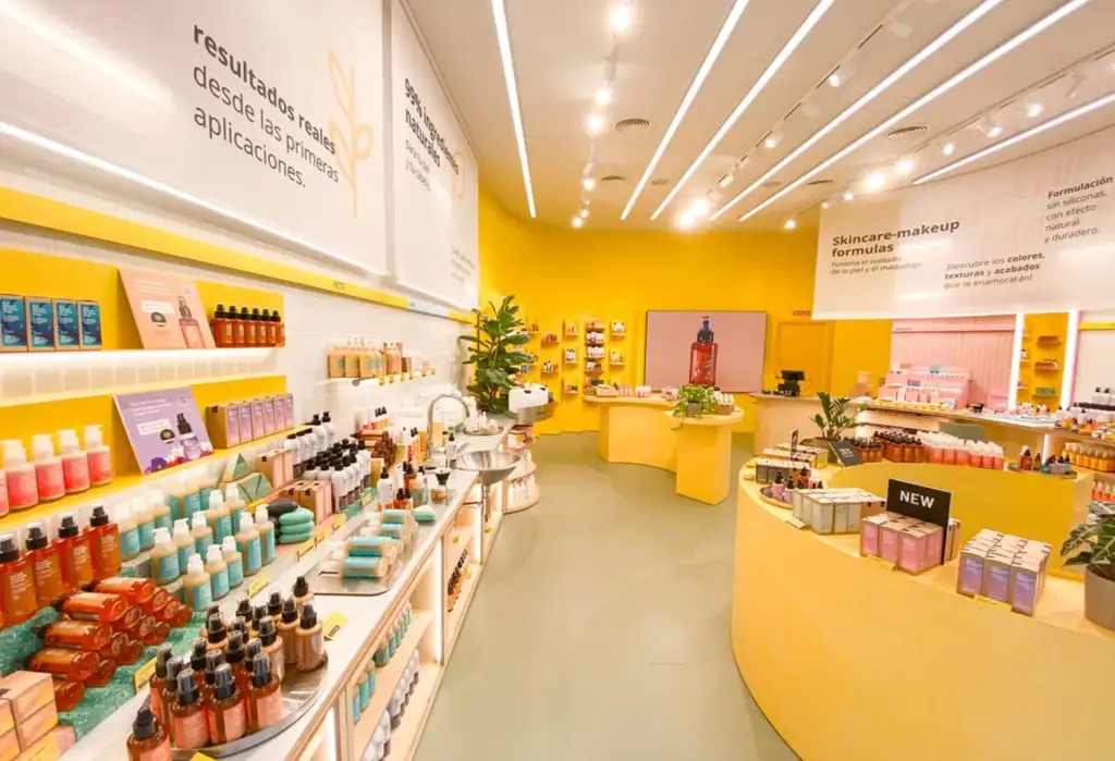 Interior de una tienda de cosmética natural con productos de skincare, maquillaje y cuidado facial expuestos en estanterías iluminadas.