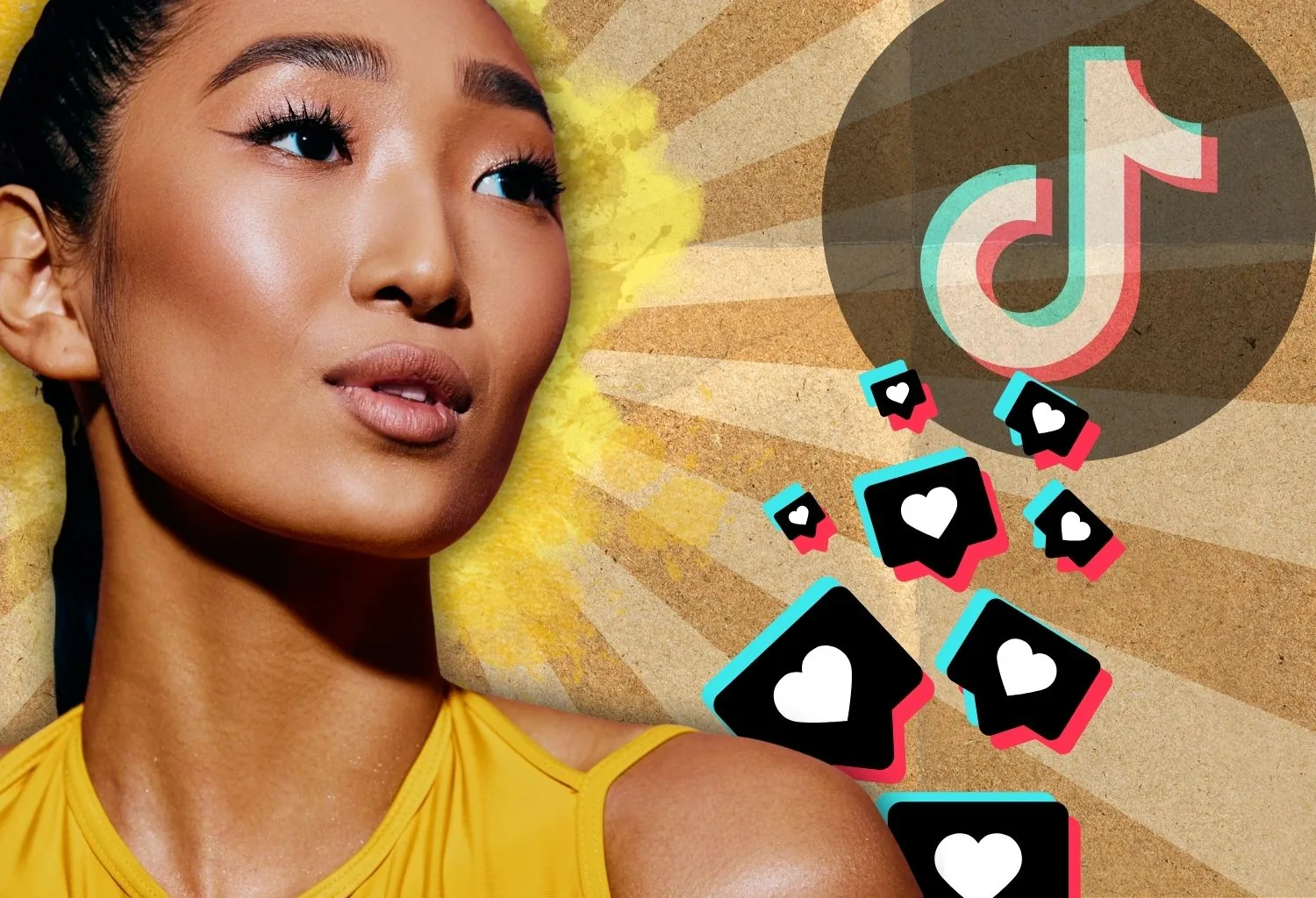 Modelo con maquillaje luminoso junto al logotipo de TikTok y símbolos de interacción social, representando la influencia de la plataforma en las tendencias de belleza.