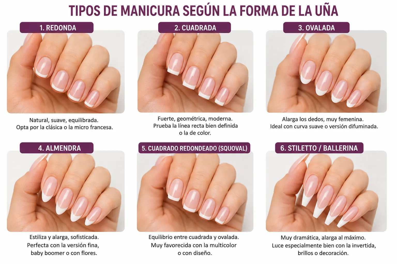 Guía visual de las formas de uñas más habituales y qué manicura francesa favorece cada una