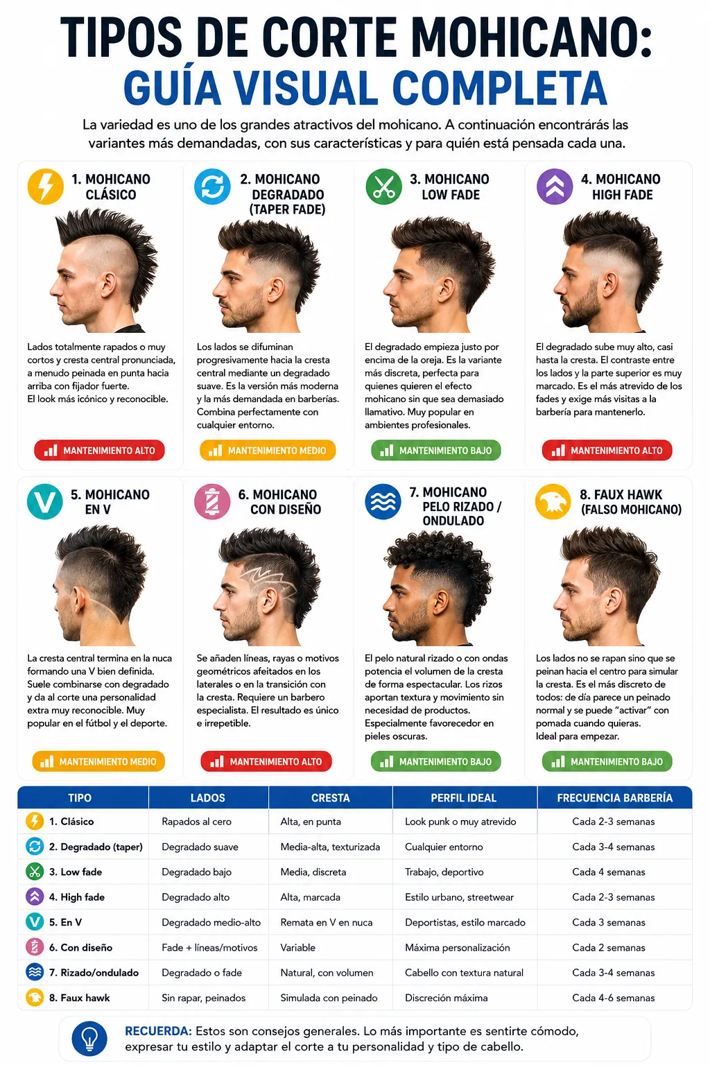 Infografía con los tipos de corte mohicano hombre: clásico, degradado, low fade, high fade, en V, con diseño, rizado y faux hawk