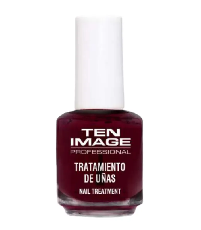 Tratamiento de uñas Ten Image Professional en esmalte fortalecedor color rojo oscuro sobre fondo claro.