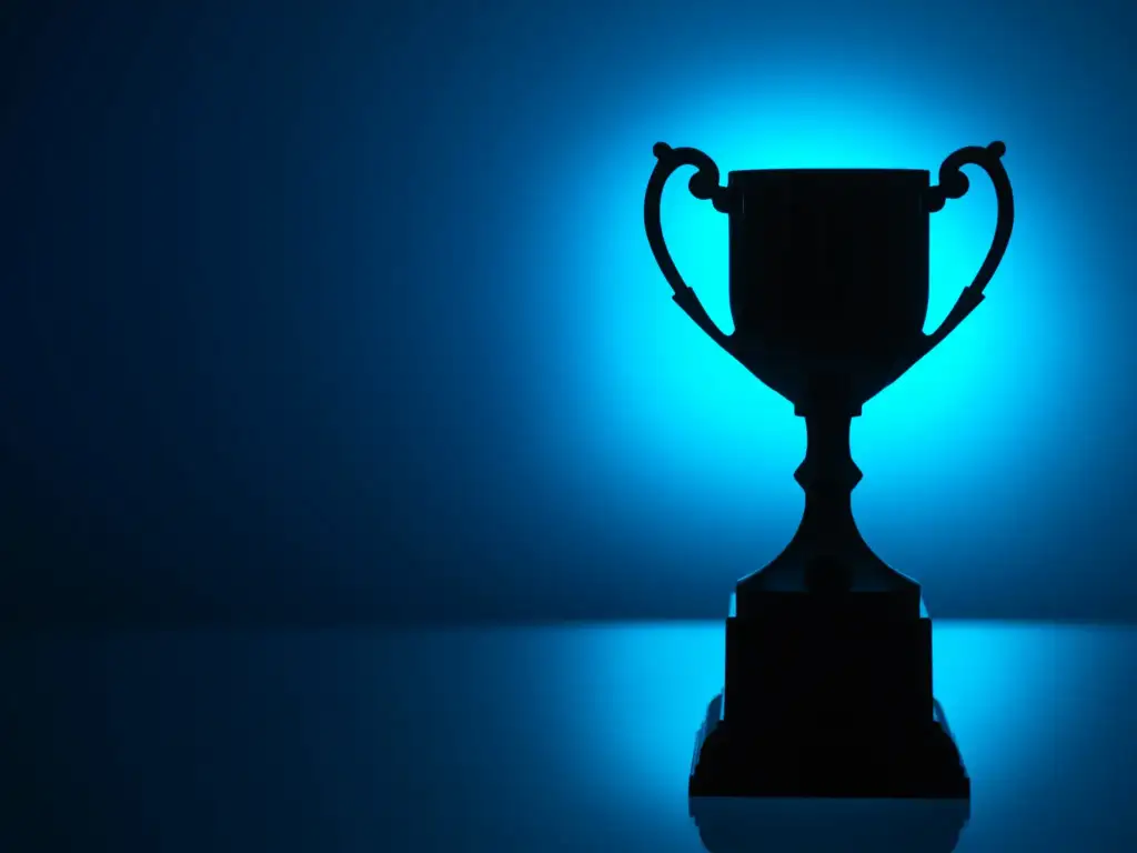 Silueta de un trofeo iluminado con luz azul sobre un fondo oscuro y minimalista.