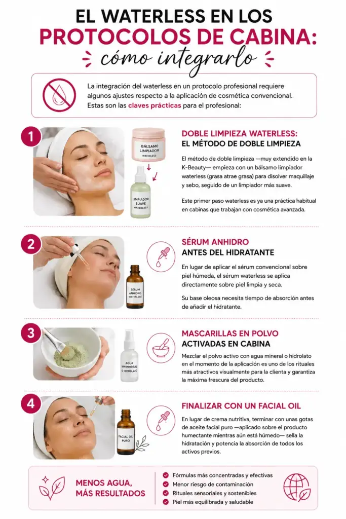 Infografía sobre cómo integrar cosmética waterless en protocolos de cabina con doble limpieza, sérum anhidro, mascarillas en polvo y facial oil.