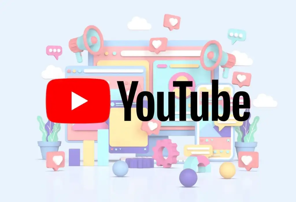 YouTube y el marketing digital en el sector de la belleza Logotipo de YouTube sobre una ilustración de redes sociales y marketing digital, representando la creación de contenido y la promoción de marcas de belleza.