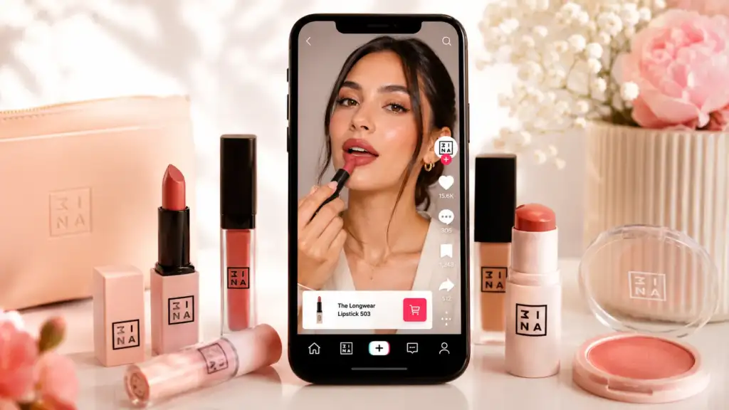 3INA impulsa sus ventas de maquillaje a través de TikTok Shop Productos de maquillaje 3INA junto a un smartphone mostrando contenido de belleza en TikTok Shop con una creadora de contenido aplicando labial.
