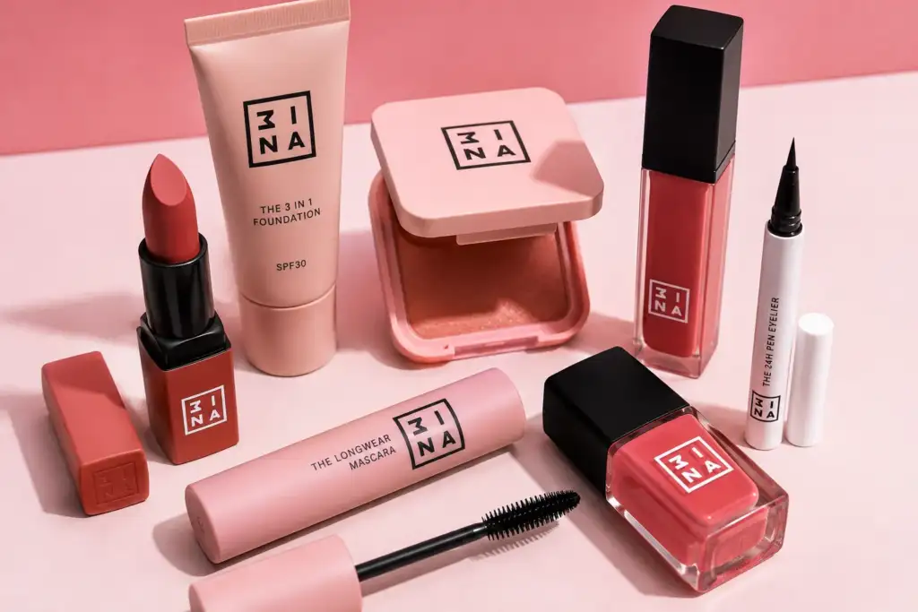 3INA y el éxito del modelo DTC impulsado por TikTok Shop Productos de maquillaje de 3INA presentados en una composición minimalista que representa el crecimiento de la marca a través de TikTok Shop y el ecommerce directo.