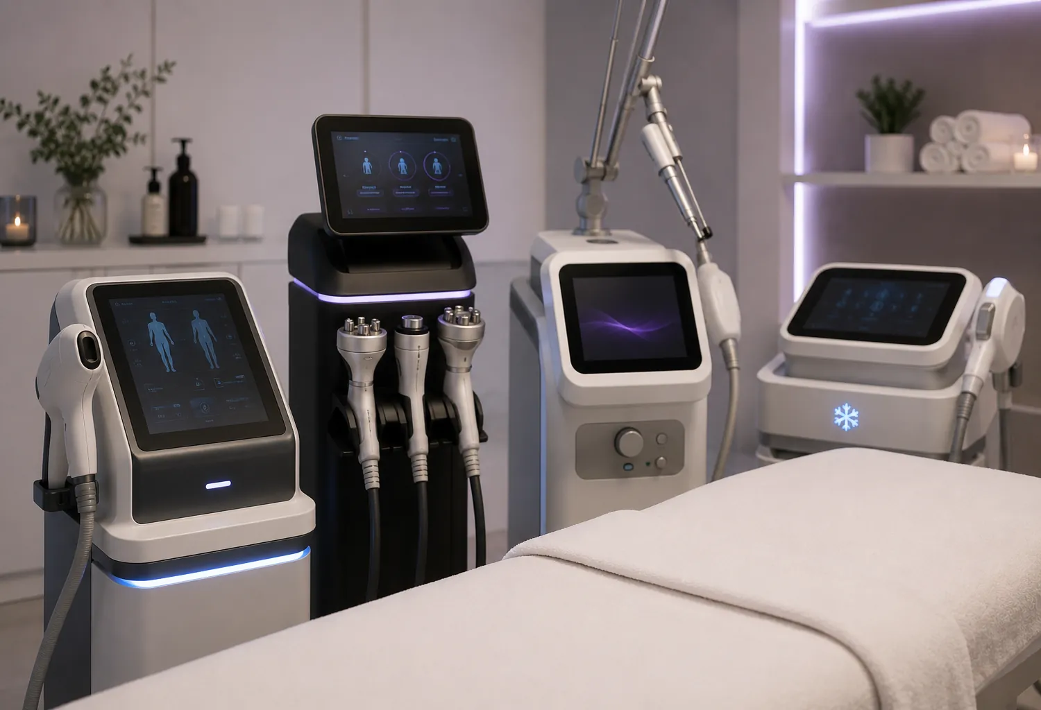 Cabina de medicina estética con equipos de aparatología no invasiva de última generación para tratamientos faciales y corporales en 2026.