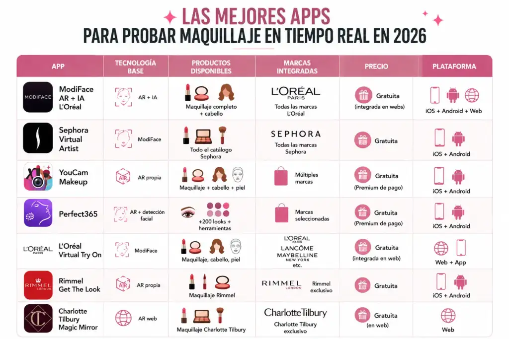 Las mejores apps para probar maquillaje en tiempo real en 2026 Infografía comparativa de las principales aplicaciones para probar maquillaje virtual en tiempo real durante 2026.