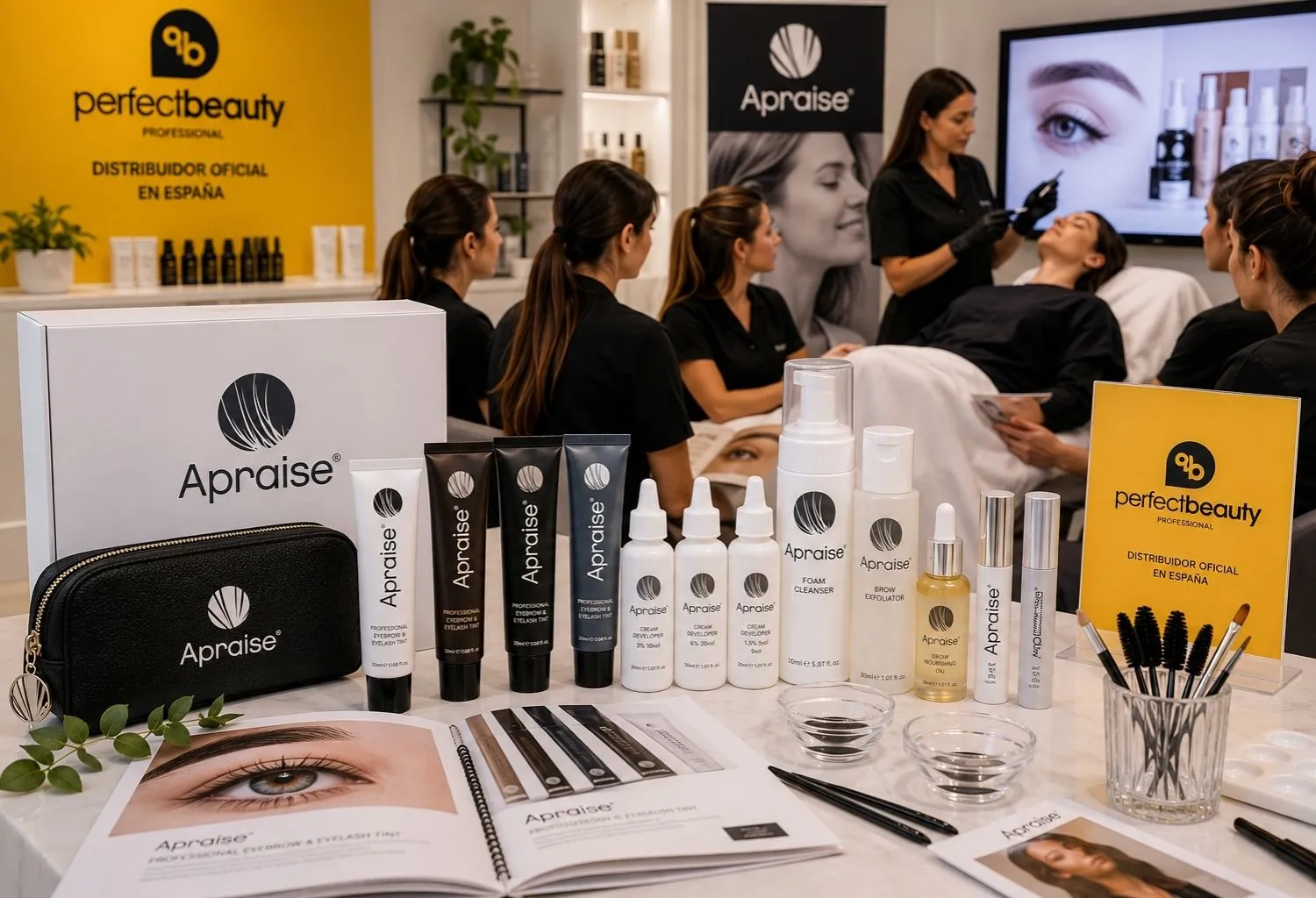 Productos profesionales Apraise expuestos durante una formación técnica impartida a especialistas de estética con el respaldo de Perfect Beauty en España.
