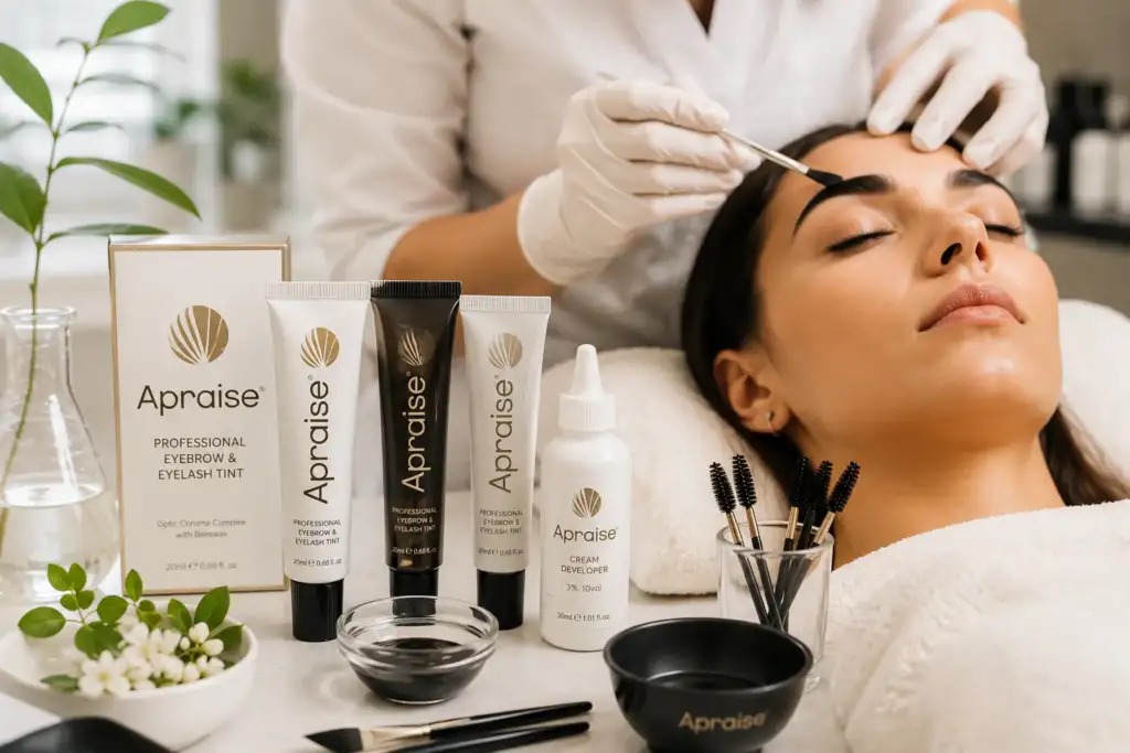 Aplicación profesional de tinte para cejas Apraise en un centro de estética con productos de coloración para cejas y pestañas.