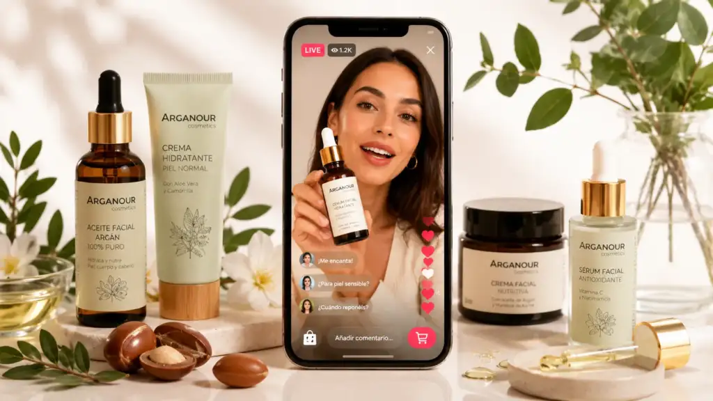 Arganour y TikTok Shop: el impulso del LIVE Shopping en cosmética Productos de Arganour Cosmetics junto a una retransmisión de LIVE Shopping en smartphone mostrando una demostración de cosmética en directo.