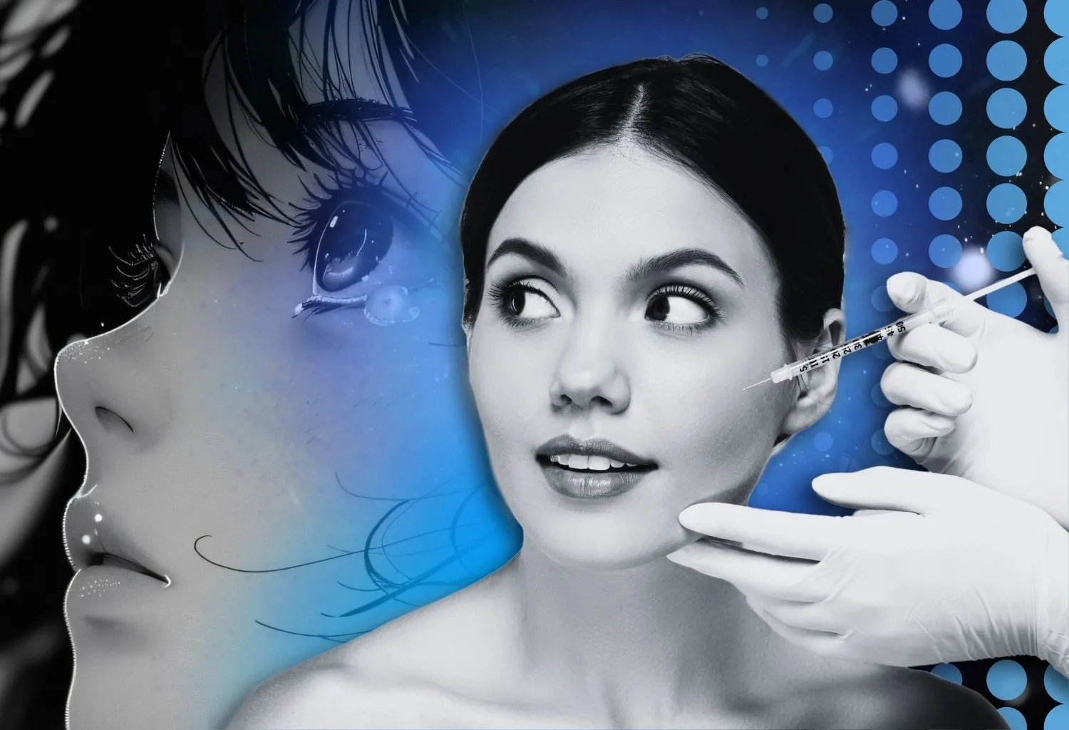 Imagen conceptual sobre el baby botox en jóvenes, con una mujer recibiendo un tratamiento estético y una ilustración que representa la influencia de las redes sociales y la estética preventiva.