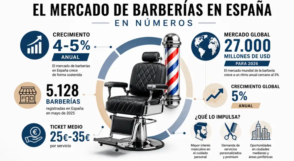 Infografía sobre el mercado de barberías en España con datos de crecimiento anual, número de barberías registradas, ticket medio y previsiones del mercado global.