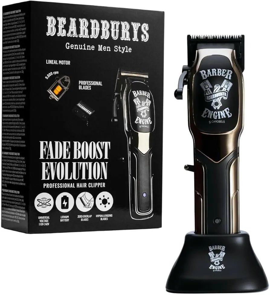 Máquina cortapelos Beardburys Fade Boost Evolution con base de carga y caja de presentación, diseñada para trabajos de barbería profesional y degradados precisos.