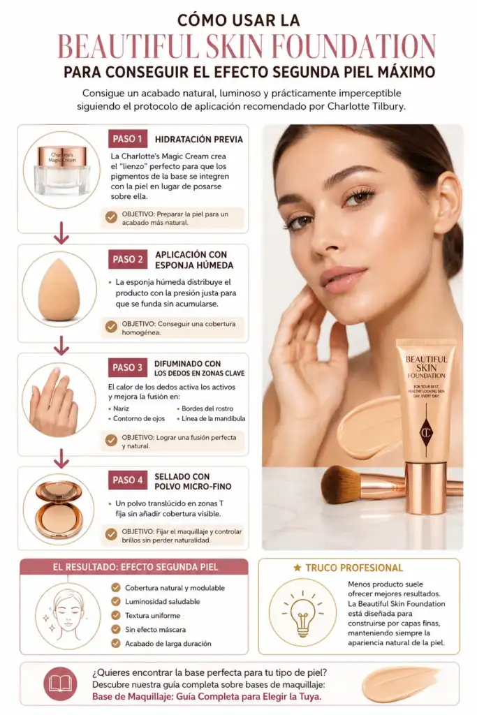 Infografía paso a paso para aplicar Beautiful Skin Foundation y lograr un acabado natural, luminoso y efecto segunda piel.