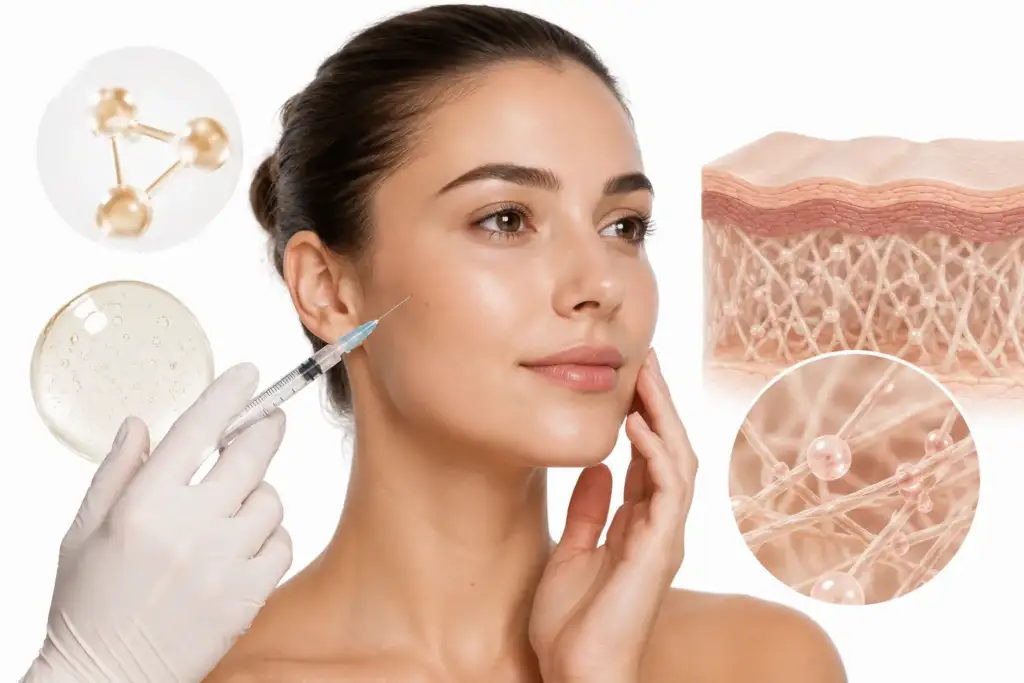 Bioestimuladores de colágeno y prejuvenation facial Imagen conceptual de una mujer con piel saludable acompañada de elementos científicos que representan la estimulación de colágeno y los tratamientos preventivos de medicina estética.
