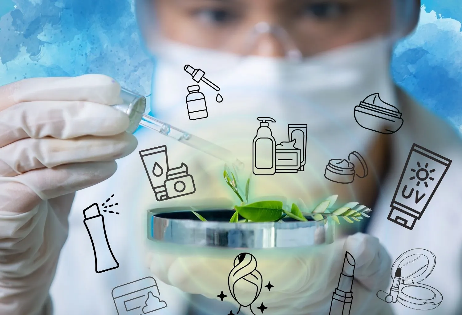 Investigadora desarrollando ingredientes cosméticos biotecnológicos a partir de extractos vegetales para productos de skincare y belleza avanzada.