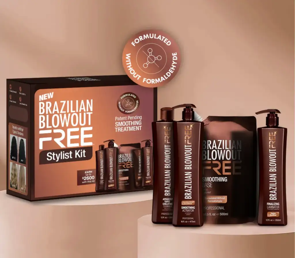 Brazilian Blowout FREE Stylist Kit tratamiento alisador profesional sin formaldehído Kit profesional Brazilian Blowout FREE para alisado capilar sin formaldehído con champú, activador, base de tratamiento y laminador final.