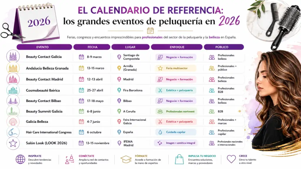 Calendario de referencia de los grandes eventos de peluquería en España 2026 Infografía con el calendario de los principales eventos, ferias y congresos de peluquería y belleza profesional en España durante 2026.