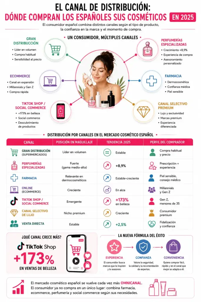 Canales de distribución de cosméticos en España en 2025 Infografía sobre los principales canales de distribución de cosméticos en España, incluyendo supermercados, perfumerías, farmacia, ecommerce y TikTok Shop.
