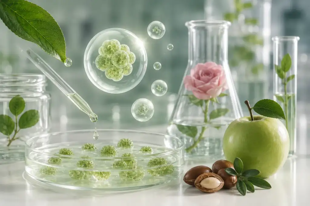 Células madre vegetales en cosmética biotecnológica avanzada Representación de células madre vegetales cultivadas en laboratorio para el desarrollo de ingredientes cosméticos sostenibles y de alta eficacia.