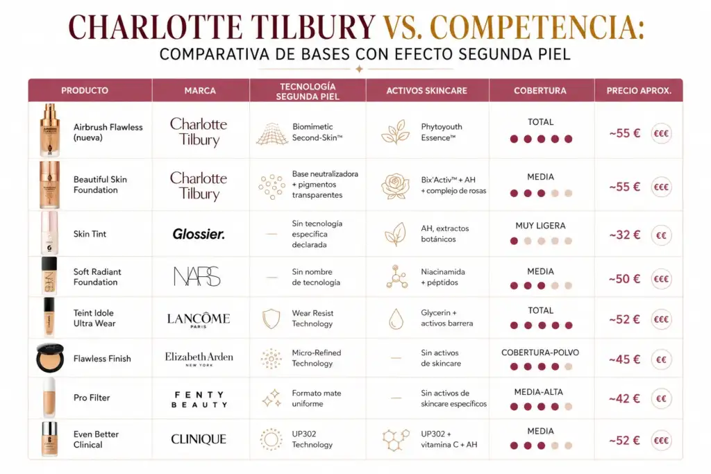 Infografía comparativa de bases de maquillaje con efecto segunda piel que analiza Charlotte Tilbury Airbrush Flawless frente a marcas como NARS, Lancôme, Clinique, Fenty Beauty, Elizabeth Arden y Glossier.
