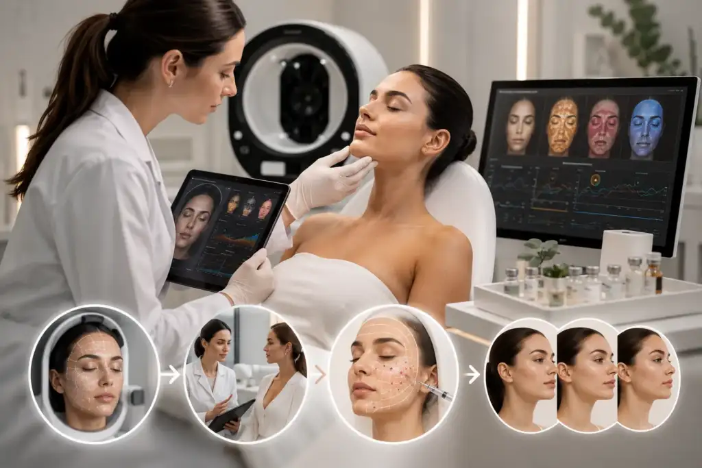 Especialista en medicina estética realizando un diagnóstico facial digital personalizado con tecnología avanzada y seguimiento de la evolución de la piel.