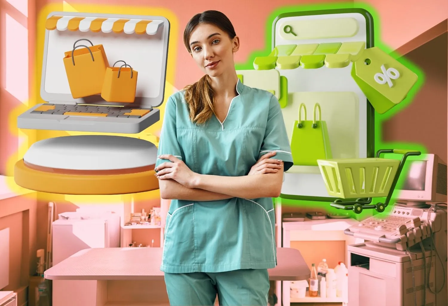 Profesional de clínica estética junto a elementos de ecommerce y tienda online, representando la venta digital de productos dermocosméticos en centros de estética.
