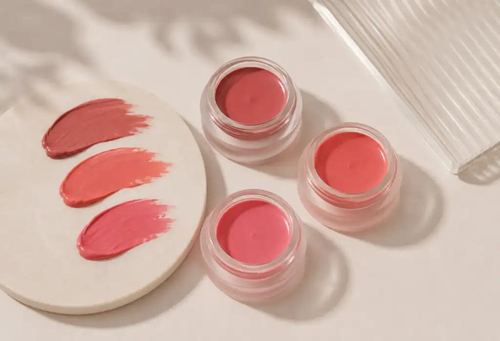Coloretes en crema multifunción para maquillaje efecto piel real Coloretes en crema multifunción en tonos rosados con textura cremosa sobre fondo claro y minimalista para un maquillaje efecto piel real.