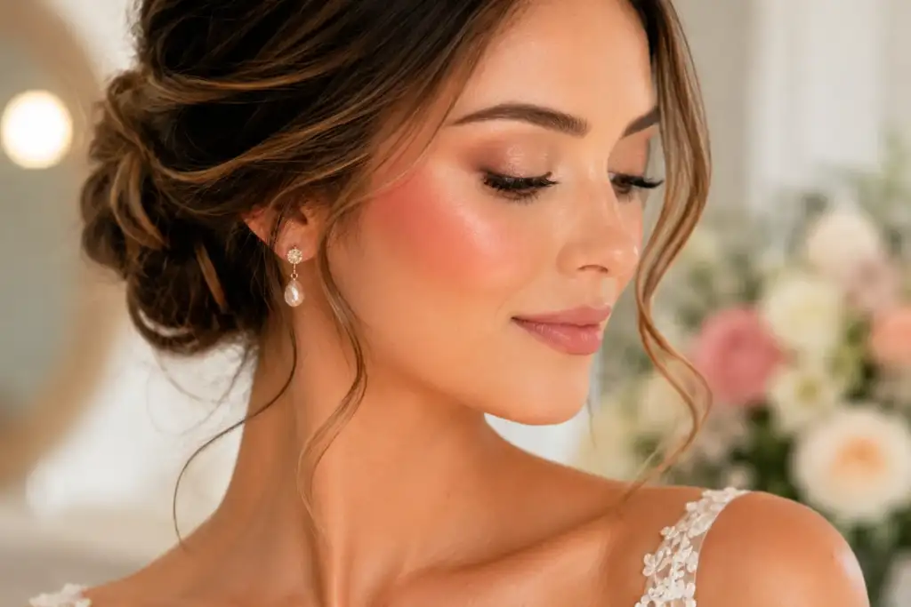 Colorete escultor del rostro en maquillaje nupcial con efecto lifting natural Novia con maquillaje luminoso y colorete rosado aplicado hacia las sienes para conseguir un efecto lifting natural y un acabado fresco inspirado en las tendencias nupciales de 2026.