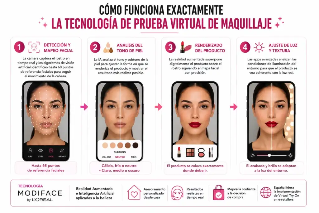 Cómo funciona la tecnología de prueba virtual de maquillaje Infografía que explica el funcionamiento de la prueba virtual de maquillaje mediante inteligencia artificial y realidad aumentada.