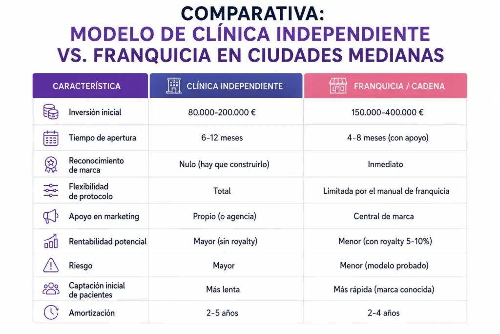 Comparativa entre clínica independiente y franquicia de medicina estética en ciudades medianas Infografía comparativa entre una clínica independiente y una franquicia de medicina estética, mostrando diferencias en inversión, rentabilidad, riesgo, marketing y amortización.