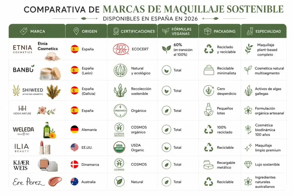 Infografía comparativa de marcas de maquillaje sostenible disponibles en España en 2026 con información sobre origen, certificaciones, fórmulas veganas, packaging y especialidad.