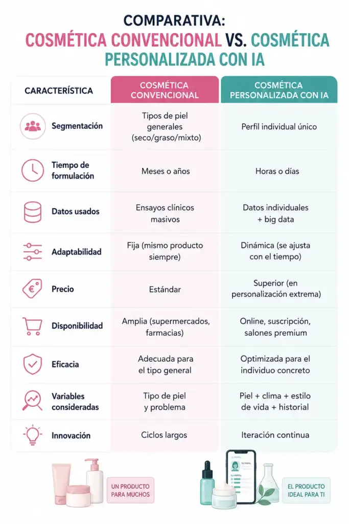 Infografía comparativa entre cosmética convencional y cosmética personalizada con inteligencia artificial mostrando diferencias en formulación, eficacia y personalización