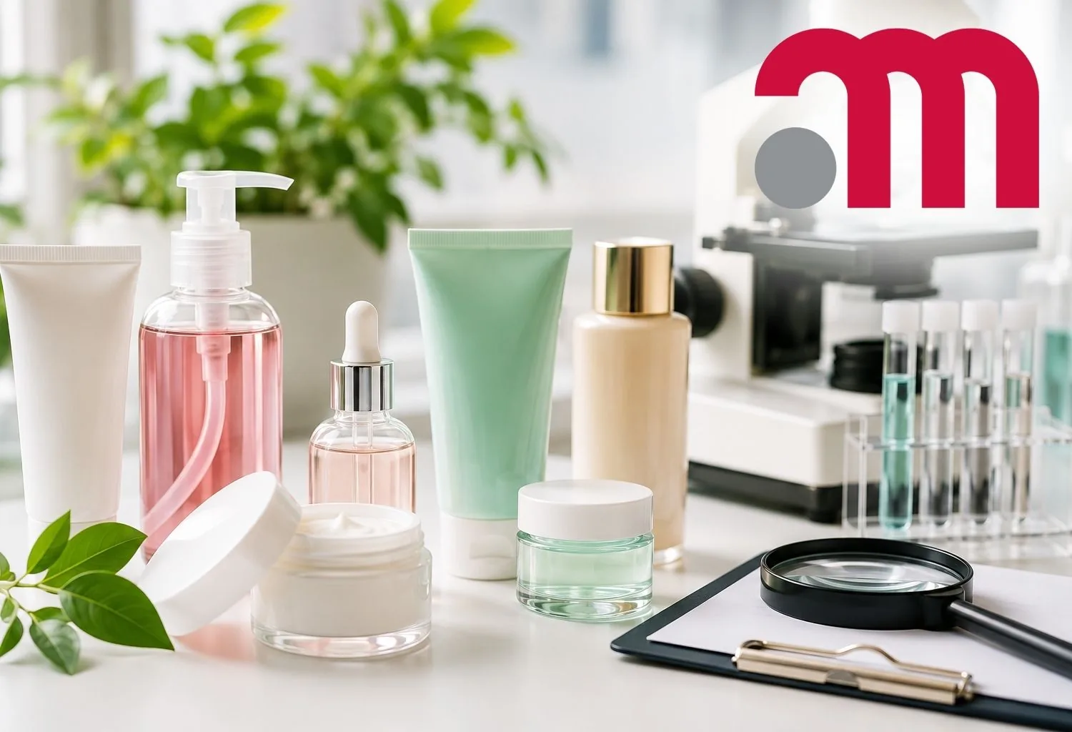 Productos cosméticos junto a material de laboratorio y microscopio utilizados para ilustrar los controles de seguridad y vigilancia sanitaria de cosméticos en España.
