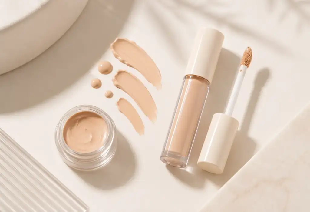 Corrector cremoso para maquillaje natural Corrector cremoso de acabado natural con aplicador y textura ligera sobre fondo minimalista en tonos claros.