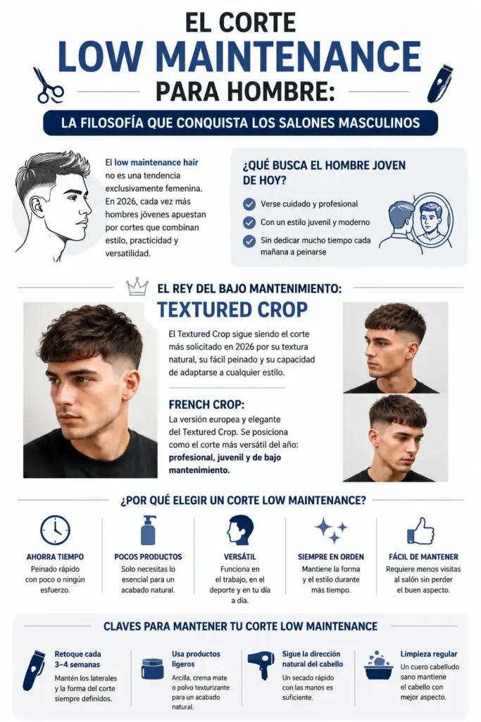 Infografía sobre los cortes masculinos low maintenance, destacando el Textured Crop y el French Crop como tendencias de bajo mantenimiento en 2026.