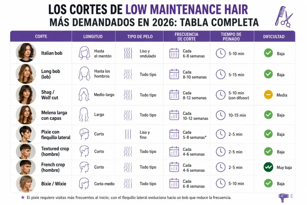 Infografía comparativa de los cortes low maintenance hair más populares de 2026, con información sobre longitud, tipo de cabello, frecuencia de corte, tiempo de peinado y dificultad de mantenimiento.