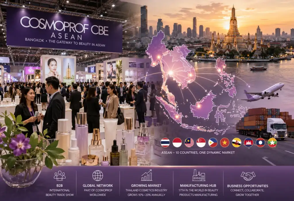 Cosmoprof CBE ASEAN Bangkok 2026: puerta de entrada al mercado de belleza del Sudeste Asiático Vista de Cosmoprof CBE ASEAN Bangkok con expositores de cosmética, mapa del Sudeste Asiático, productos de belleza y conexiones comerciales internacionales que representan el crecimiento del mercado ASEAN.